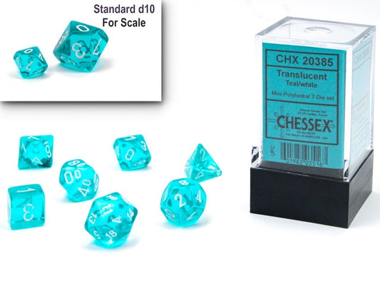 CHESSEX 7 DIE SET MINI | TRANSLUCENT TEAL + WHITE