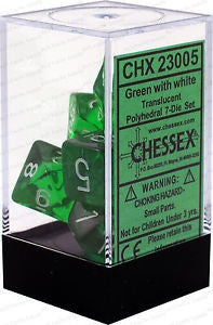 CHESSEX 7 DIE SET | TRANSLUCENT GREEN + WHITE