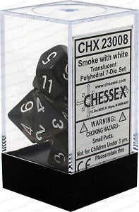 CHESSEX 7 DIE SET | TRANSLUCENT SMOKE + WHITE