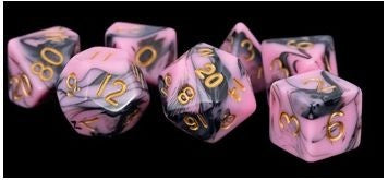 MDG DICE SET | ACRYLIC PINK AND BLACK WITH GOLD NUMBERS